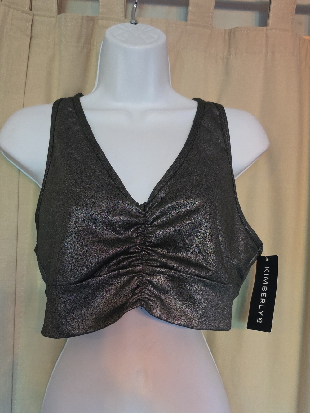Kimberly Shimmery Charcoal Ruched V-Neck Sports Bra